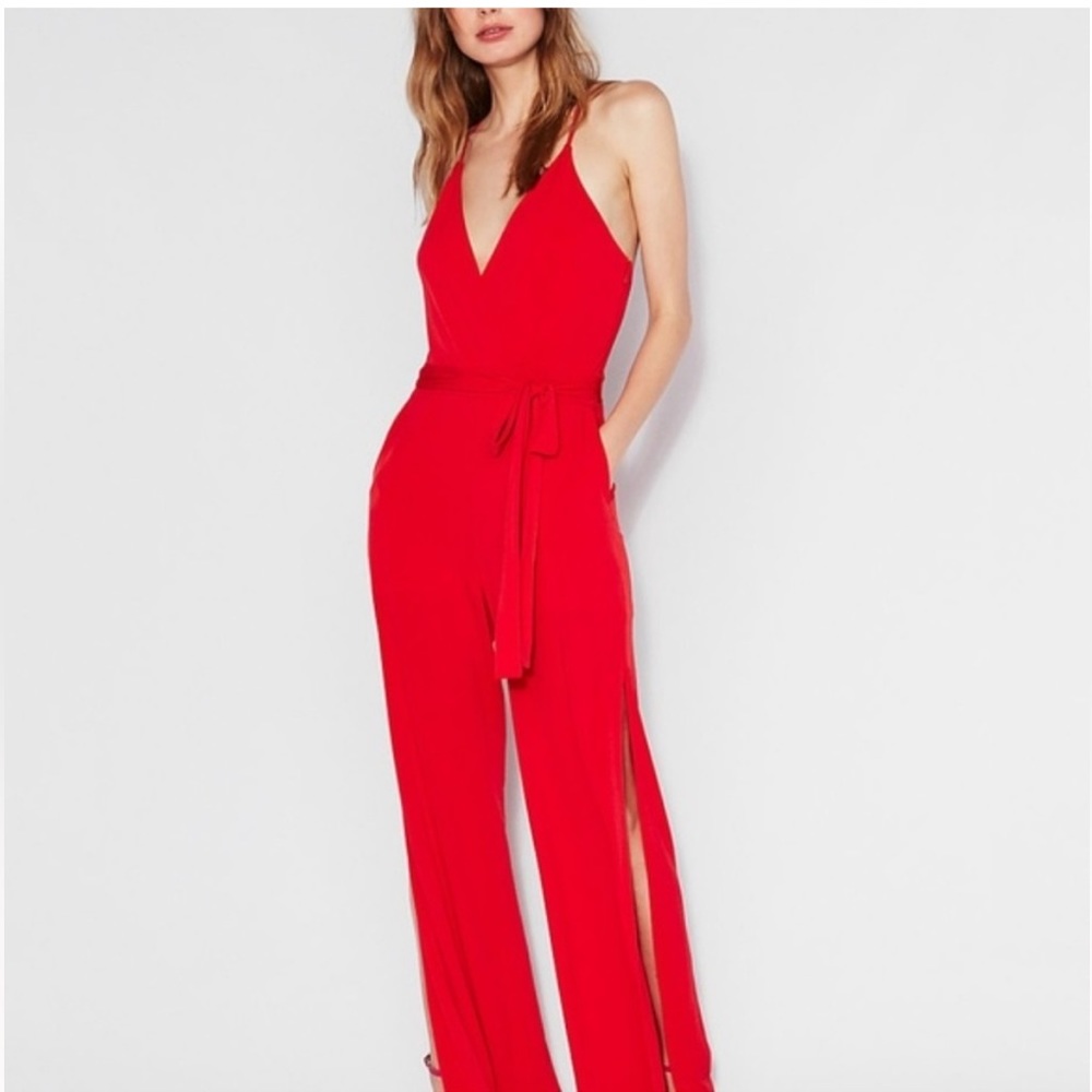 Express Red V-Neck Wide-Leg Jumpsuit